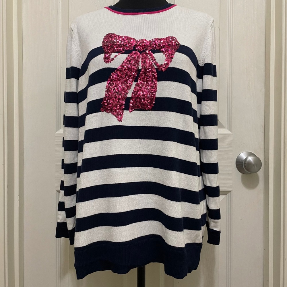 Kim Rogers Lightweight‎ Sweater Navy Blue & White Stripe Pink Sequin Bow Medium